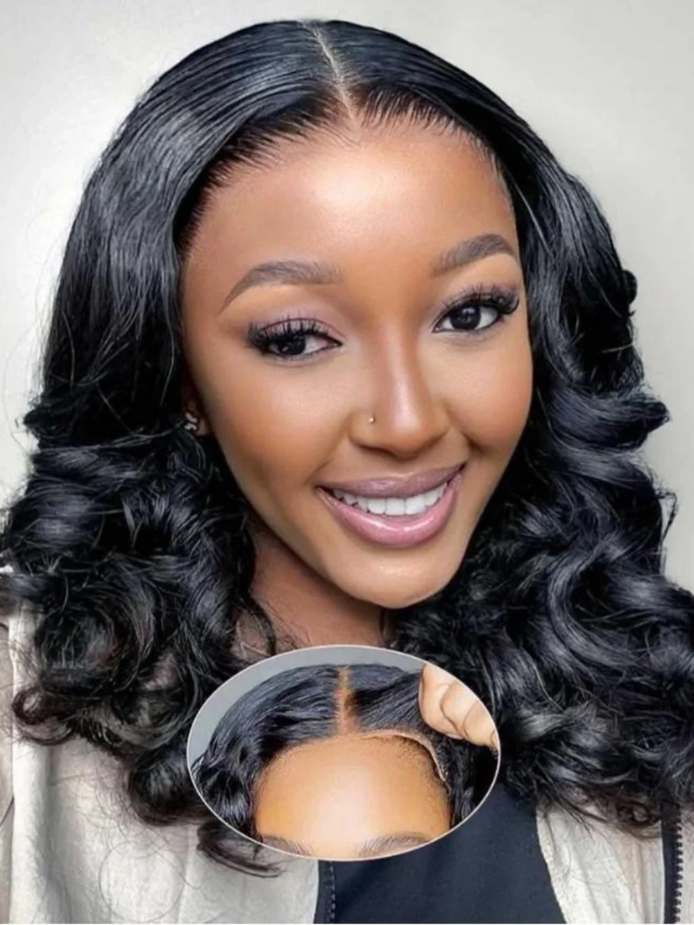 Luxury Black Curly Lace Front Wig with Sleek Center Part
